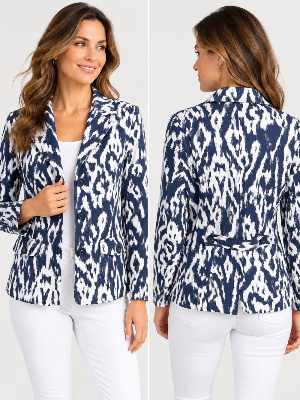 Chico's 98% cotton Ikat Abstract Print Tailored Blazer Jacket 12